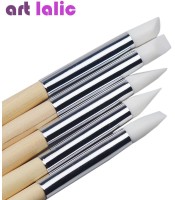 5Pcs Nail Art Sculpture Carving Pen Brush Силиконова глава Дървена дръжка 3D Emoss Craft Инструмент за маникюр