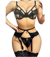 black women's hollow out bra and thong set exotic underwear lingerie 3 piece set