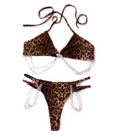 Sexy Leopard Lingerie with Metal Chain Split Bikini Set Women Bras Underwear Summer Crop Top Ultra
